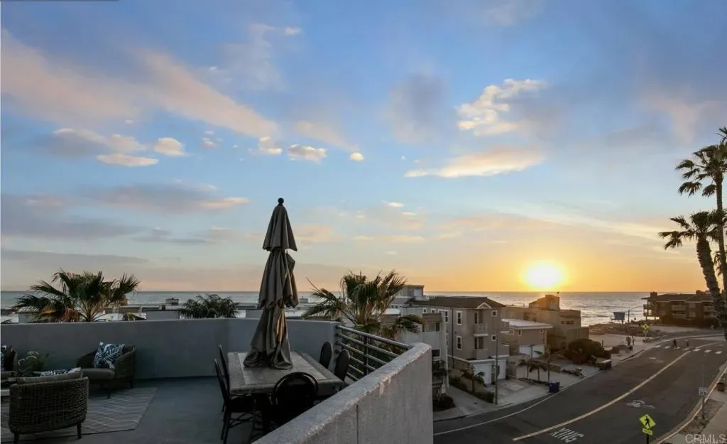 Rooftop deck looking west as the sun sets over the Pacific